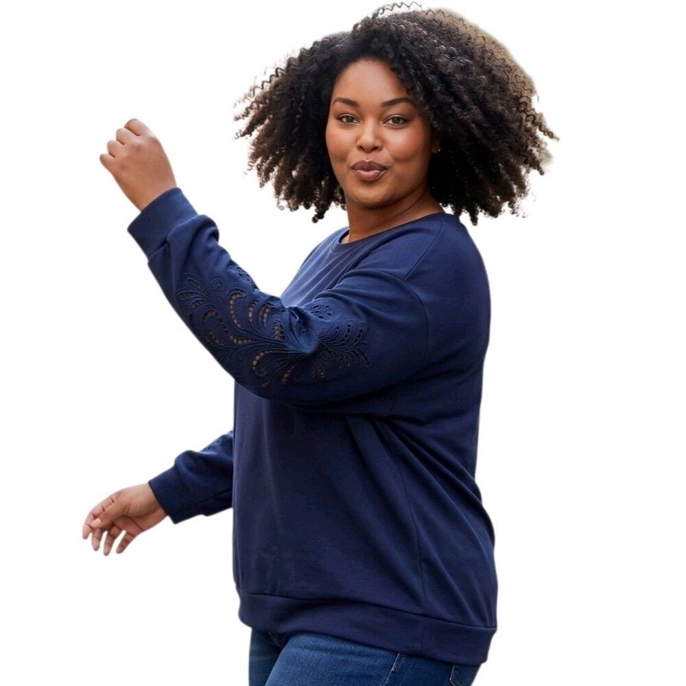 Elie Tahari Woman Sweatshirt Size 2X Navy Blue Laser Cut Sleeves Floral Relaxed